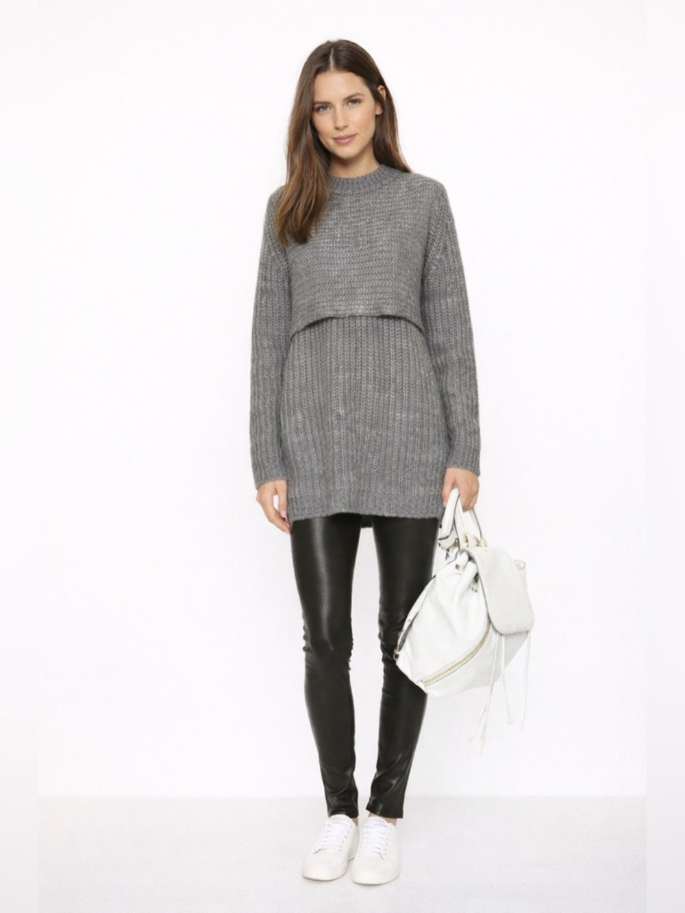 Michelle Mason Gray Layered Ribbed Knit Sweater M Wool Blend Split Hem